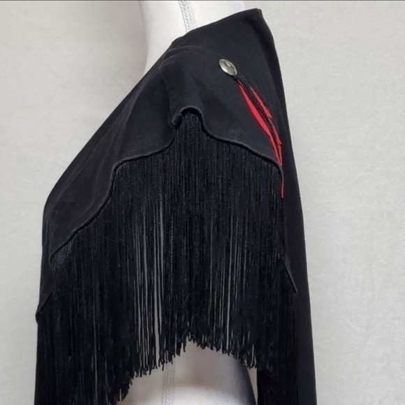 Rare Vintage Wanted Black Denim Red Feather Bold Fringe Western Boho Shawl - Picture 6 of 11